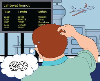 Mies raaputtaa lentokentällä ihmetelleen päätään samalla katsoen "Lähtevät lennot" taulua. Hän miettii, mihin kohteeseen hän haluaisi lentää. Puhekuplassa kaksi arpakuutiota.