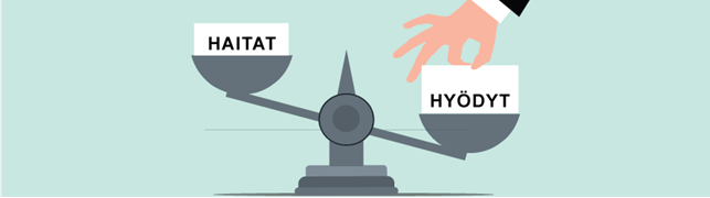 Epätasapainossa oleva vaaka, jossa oikealla puolella olevat "hyödyt" ovat painavampia kuin vasemmalla olevat "haitat".
